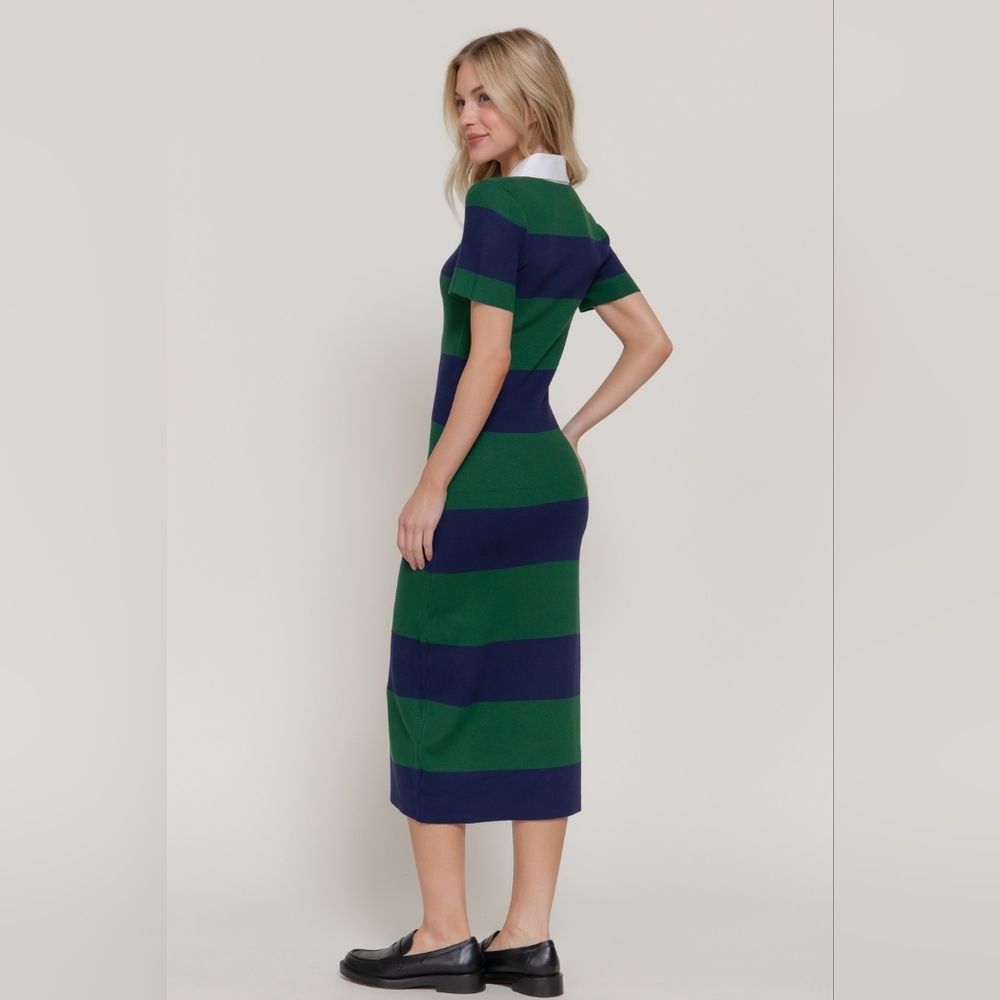 ​Active USA Striped Knit Polo Midi Dress - Navy & Green Preppy Collared Sheath - Picture 13 of 15